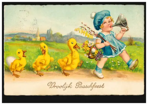 AK Artiste Pâques Paashfeest Fille avec des poussins, HAAKSBERGEN 25.3.1932