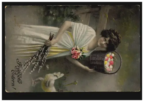 Künstler-AK Ostern Mädchen mit Korb voller Eier auf der Schulter HILLE 1.4.1918