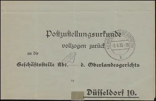 Certificat de livraison postale de KEMPEN (NIEDERRHEIN) 8.6.1935 à Düsseldorf