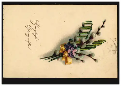 Künstler-AK Ostern - Weidenkätzchen mit Blüten, Bahnpost 16.4.22 nach Hildesheim