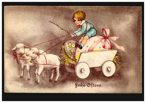 Artiste AK Pâques Les agneaux tirent des voitures enfant oeufs, FLAFFLUND / FLENSBURG 1937