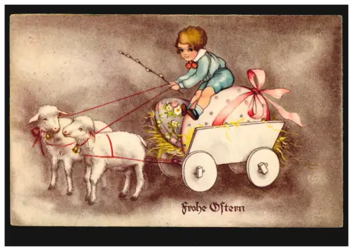 Artiste AK Pâques Les agneaux tirent des voitures enfant oeufs, FLAFFLUND / FLENSBURG 1937