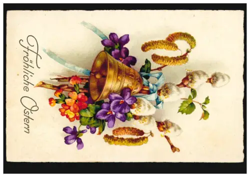 Künstler-AK Ostern Weidenkätzchen Blumen Glocke, per Bahnpost 19.4.1930