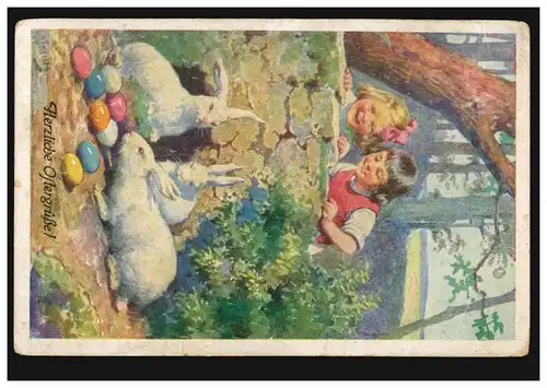 Künstler-AK Ostern Kinder beobachten Hasen beim Eier-Verstecken, gelaufen