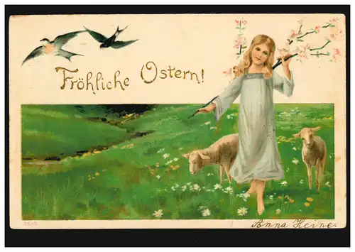 Künstler-AK Ostern Mädchen mit Osterlämmer und Schwalben, BURSCHACH 4.4.1904