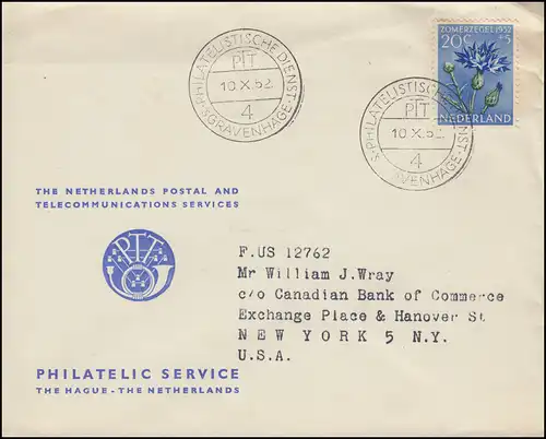 592 Wofa Kornblume EF Brief Philatelic Service PTT-Stempel s'GRAVENHAGE 10.10.52