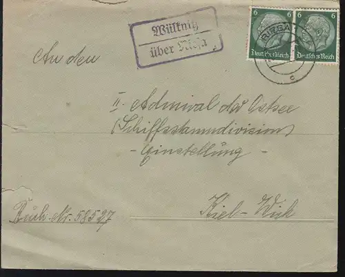 Templier de la poste de campagne Wülknitz sur RIESA 1937 sur lettre à Kiel