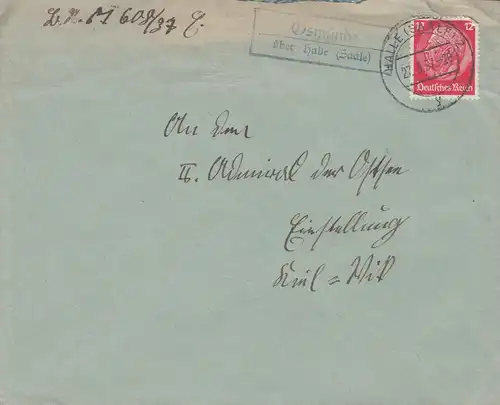 Landpost-Stempel Osmünde über HALLE / SAALE 27.3.1937 auf Brief nach Kiel