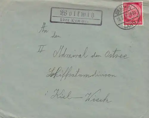 Landpost-Stempel Wolkwitz über DEMMIN LAND 15.2.1937 auf Brief anch Kiel