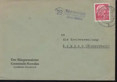 Landpost-Stempel Nemden über MELLE 10.2.1959 auf Brief nach Kempen/Niederrhein