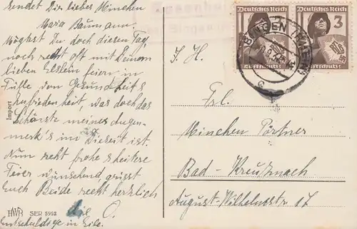 Landpost-Stempel Bosenheim über BINGEN (RHEIN) 30.9.1937 auf Geburtstags-AK
