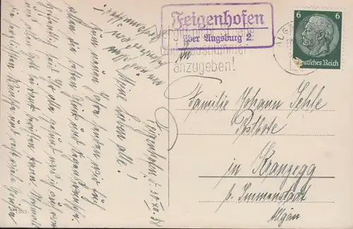 Landpost-Stempel Feigenhofen über AUGSBURG 30.12.1938 auf AK Neujahr Zwerge