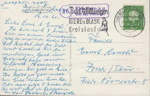 Landpost-Stempel Emdenau über BAD WILDUNGEN 17.10.1960 auf AK Sanatorium Emdenau