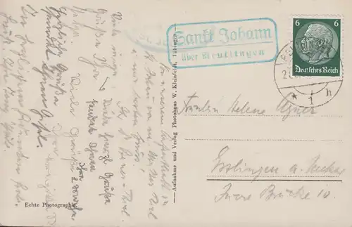Landpost-Stempel Sankt Johann über REUTLINGEN 21.8.36 auf AK Uracher Wasserfall