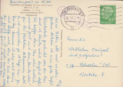 Landpost-Stempel Waldhilsbach über HEIDELBERG 3 - 19.3.1956 auf AK Alter Kohlhof