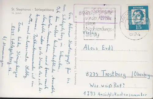 Landpost-Stempel 8941 Schlegelsberg auf passender AK, MEMMINGEN 4.8.1963 