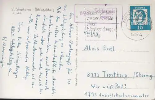 Temple de Landpost 8941 Schlegelsberg sur AK approprié, MEMMINGEN 4.8.1963