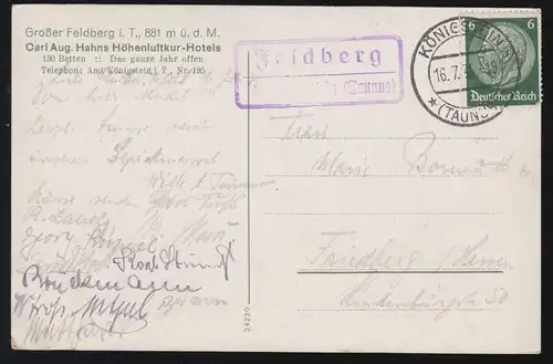 Landpost-Stempel Feldberg über KÖNIGSTEIN (TAUNUS) 16.7.1935 auf passender AK