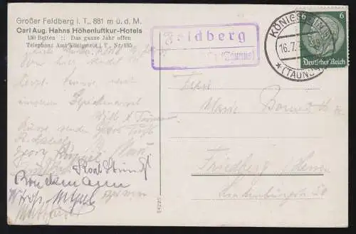 Landpost-Stempel Feldberg über KÖNIGSTEIN (TAUNUS) 16.7.1935 auf passender AK