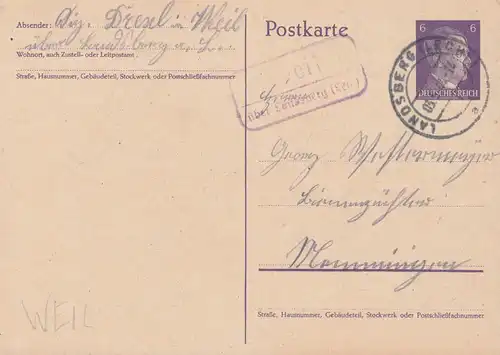 Landpost-Stempel Weil über LANDSBERG (LECH) 3.5.1944 auf Postkarte