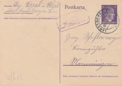Temple de la poste de campagne Weil sur LANDSBERG (LECH) 3.5.1944 sur carte postale