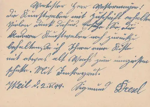 Temple de la poste de campagne Weil sur LANDSBERG (LECH) 3.5.1944 sur carte postale