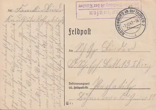 Templier de la poste de Landpost Dornhausen sur ROTHENBURG si le TAUBER 7.10.1942, sur PK