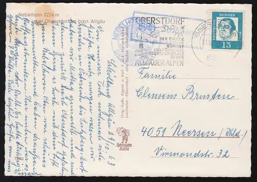 Landpost-Stempel 8981 Schöllang auf AK Nebelhorn, BERNSDORF 31.10.1963