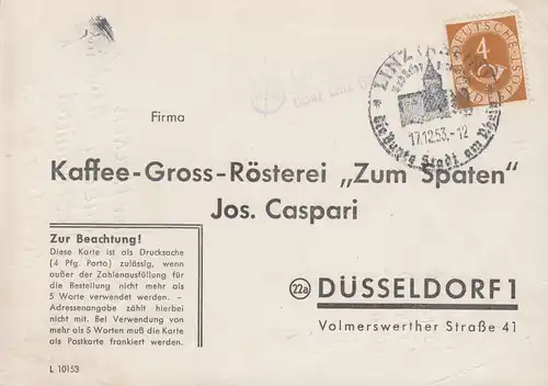 Landpost-Stempel Ohlenberg über Linz auf Drucksache SSt LINZ 17.12.1953