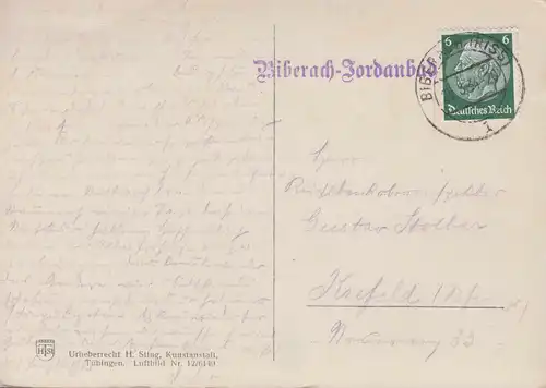Landpost-Stempel Biberach-Jordanbad auf passender AK BIBERACH (RISS) 25.8.1934