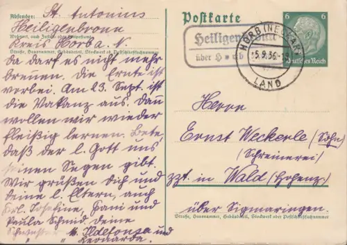 Landpost-Stempel Heiligenbronn über HORB (NECKAR) LAND 5.9.36 auf Hindenburg-PK