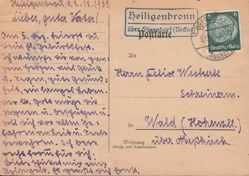 Landpost-Stempel Heiligenbronn über OBERNDORF (NECKAR) 3.12.1938 auf Postkarte