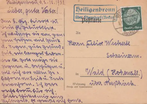 Landpost-Stempel Heiligenbronn über OBERNDORF (NECKAR) 3.12.1938 auf Postkarte