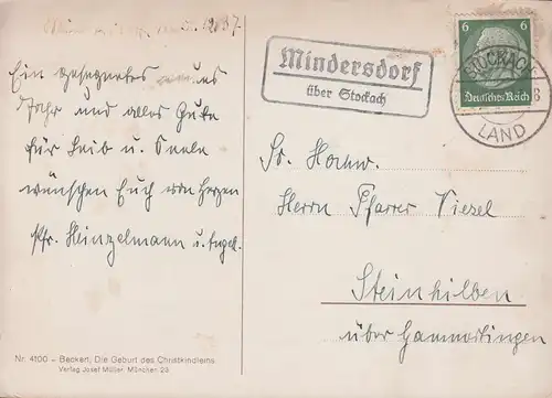 Landpost-Stempel Mindersdorf über STOCKACH LAND 31.12.1937 auf AK Geburt Christi