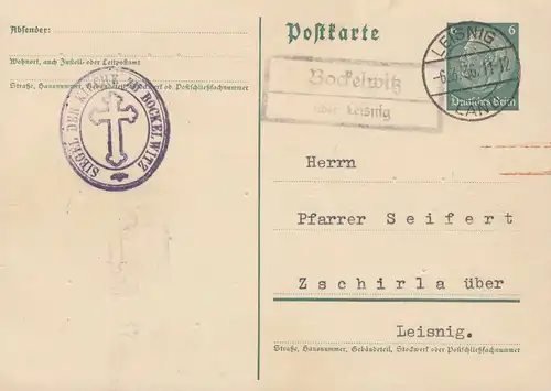 Landpost-Stempel Bockelwitz über LEISNIG LAND 6.3.1936 auf Hindenburg-Postkarte