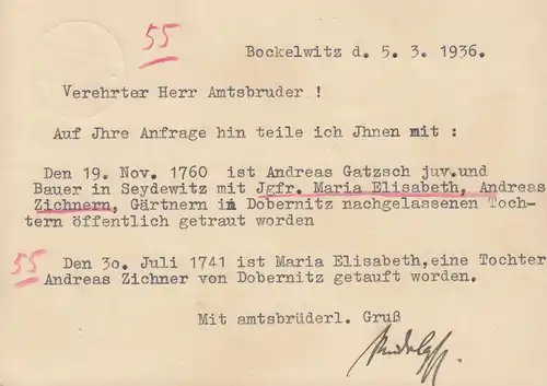 Le temple de Bockelwitz sur LEISNIG LAND 6.3.1936 sur carte postale Hindenburg