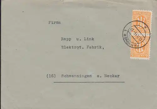 20 AM-Post 6 Pf. als MeF auf Brief HANNOVER 15.11.1945 nach Schwenningen/Neckar