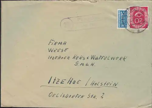 Landpost-Stempel Peingdorf über MELLLE 22.10.1953 auf Brief nach Itzehoe