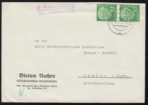 Landpost-Stempel Manscheid über HELLENTHAL (EIFEL) 16.12.1958 Brief nach Kempen