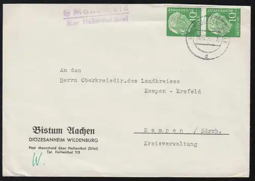 Temple de la poste de campagne Manscheid sur HELLETHAL (EIFEL) 16.12.1958 Lettre à Kempen