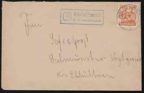 Le temple de la poste de campagne de Wüstwillenroth sur WÄHTERSBACH 12.6.1947 sur télex