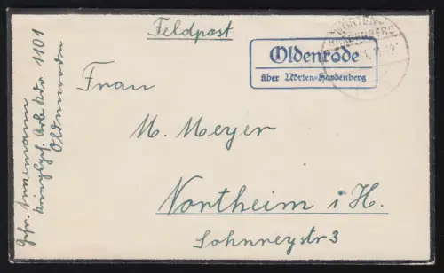 Le temple de la poste de Landpost Oldenrode via NÖDEN-HARDENBERG PAYS 7.10.1941 vers Nordheim