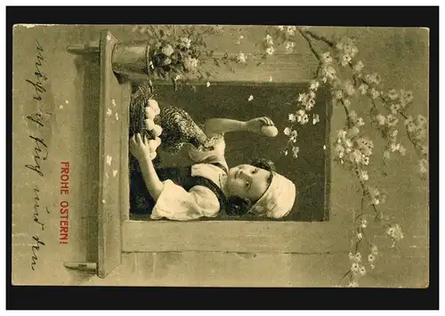 AK Ostern Mädchen am Fenster mit Eiern Henne Blumen, DÜSSELDORF 11.4.1909