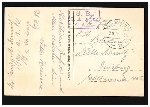 France Joef: Officier-Genesungsheim, Feldpost 82 SB O.A. A.K. V.a. K. 8.6.16