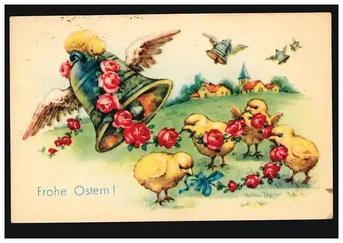 AK Pâques: cloches volantes avec ailes de poussins Roses, JENESIE (BOZEN) 3.7.1953
