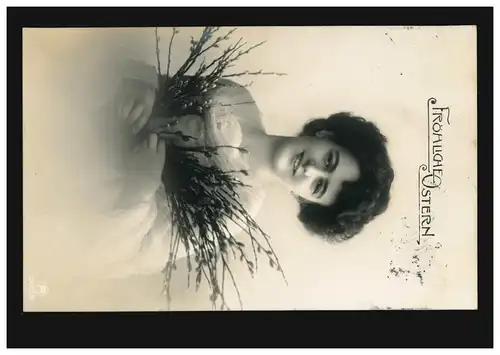 Bahnpost CÖLN-REMSCHEID 15.4.1911 auf Oster-AK Frau mit Weidenkätzchen