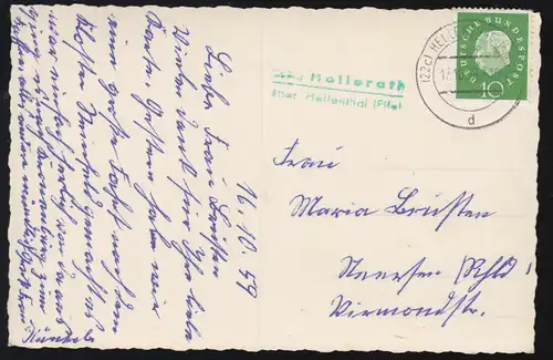 Landpost-Stempel Hollerath über HELLENTHAL (EIFEL) 17.10.59 auf AK Gartenanlage