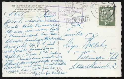 Landpost-Stempel 7291 Obermusbach Gemeinde Untermusbach FREUDENSTADT 5.9.1962