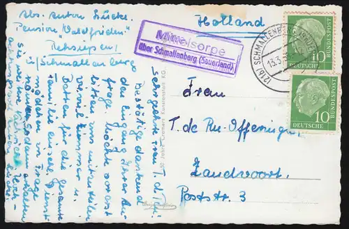 Landpost-Stempel Mittelsorpe über SCHMALLENBERG 13.3.1958 auf AK Rehsiepen