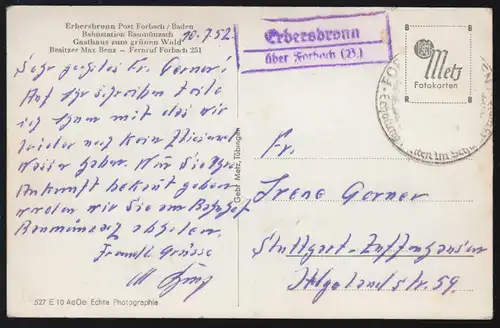 Landpost-Stempel Erbersbronn über FORBACH / BADEN auf passender AK, um 1952 